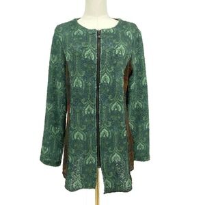 Boho Bouclé Knit Zip Cardigan Patchwork Artsy Hippie Sweater Green Size Large